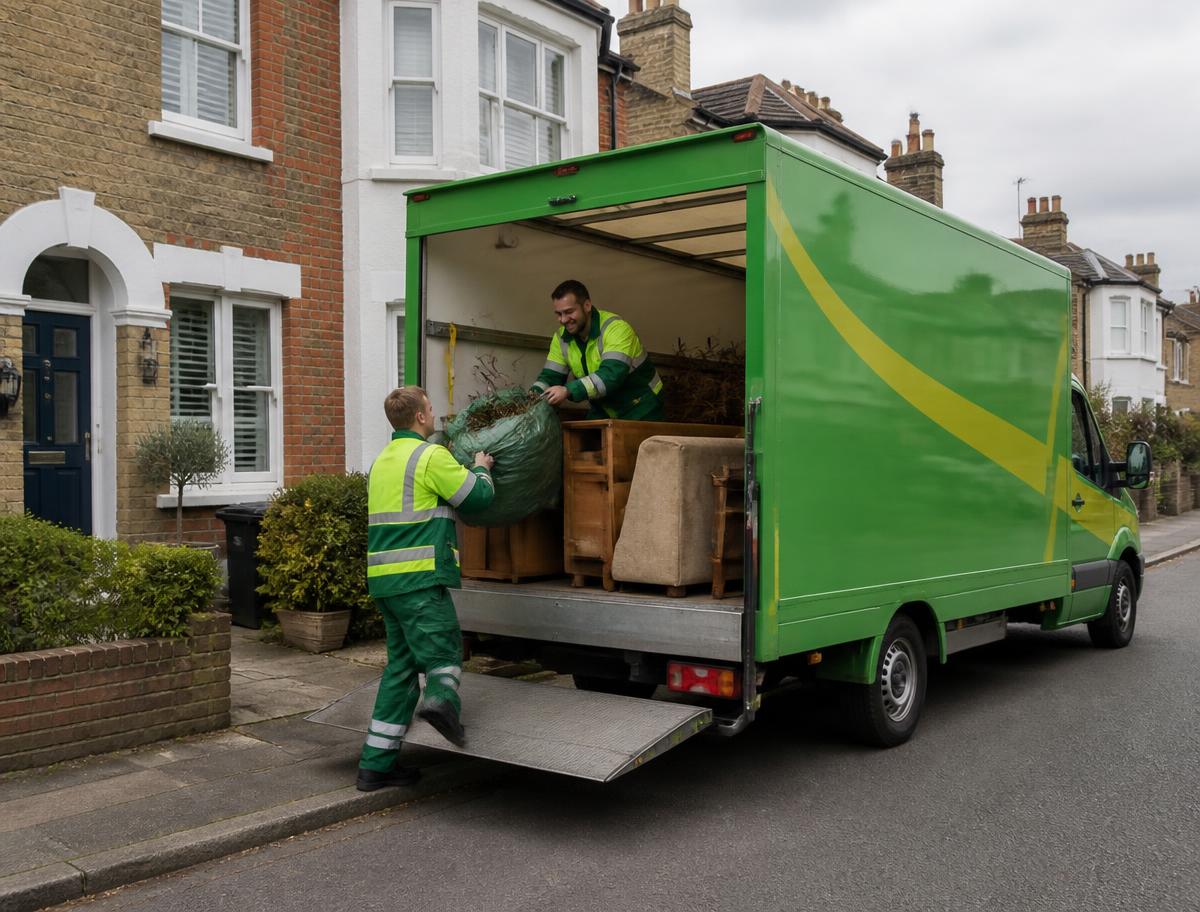 Apex Waste Removals crew loading furniture and garden waste into a green and yellow removal van